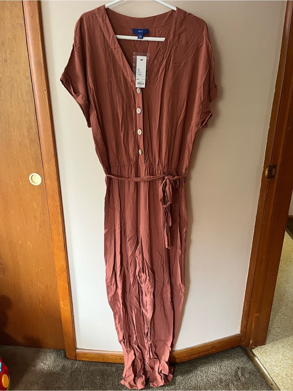 Women's Rust Button-Front Tie-Waist Pant Romper